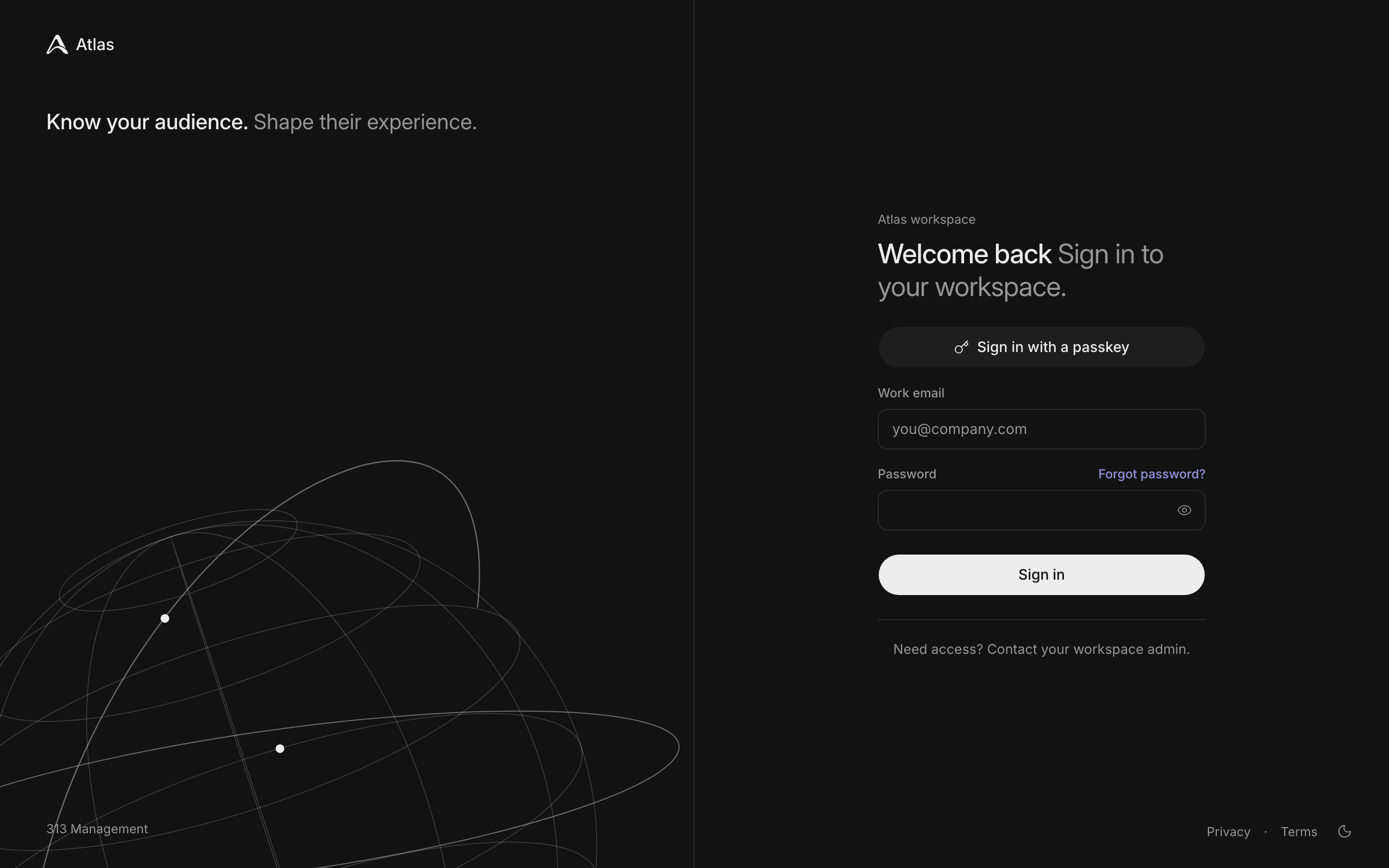 The Atlas sign-in screen, with the tagline 'Know your audience. Shape their experience.' over a line-drawn globe, beside a 'Welcome back' form with passkey and password sign-in.