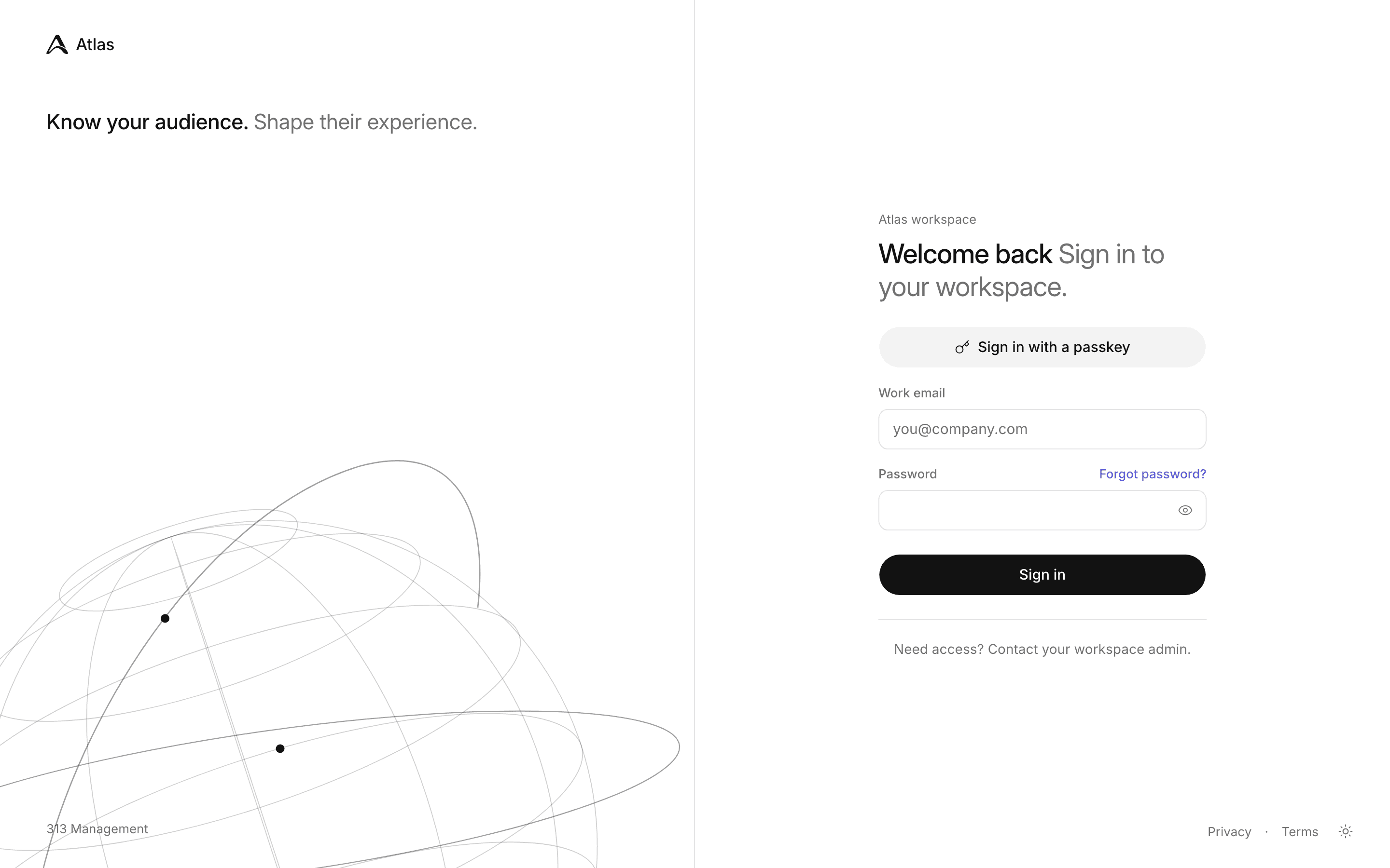 The Atlas sign-in screen, with the tagline 'Know your audience. Shape their experience.' over a line-drawn globe, beside a 'Welcome back' form with passkey and password sign-in.