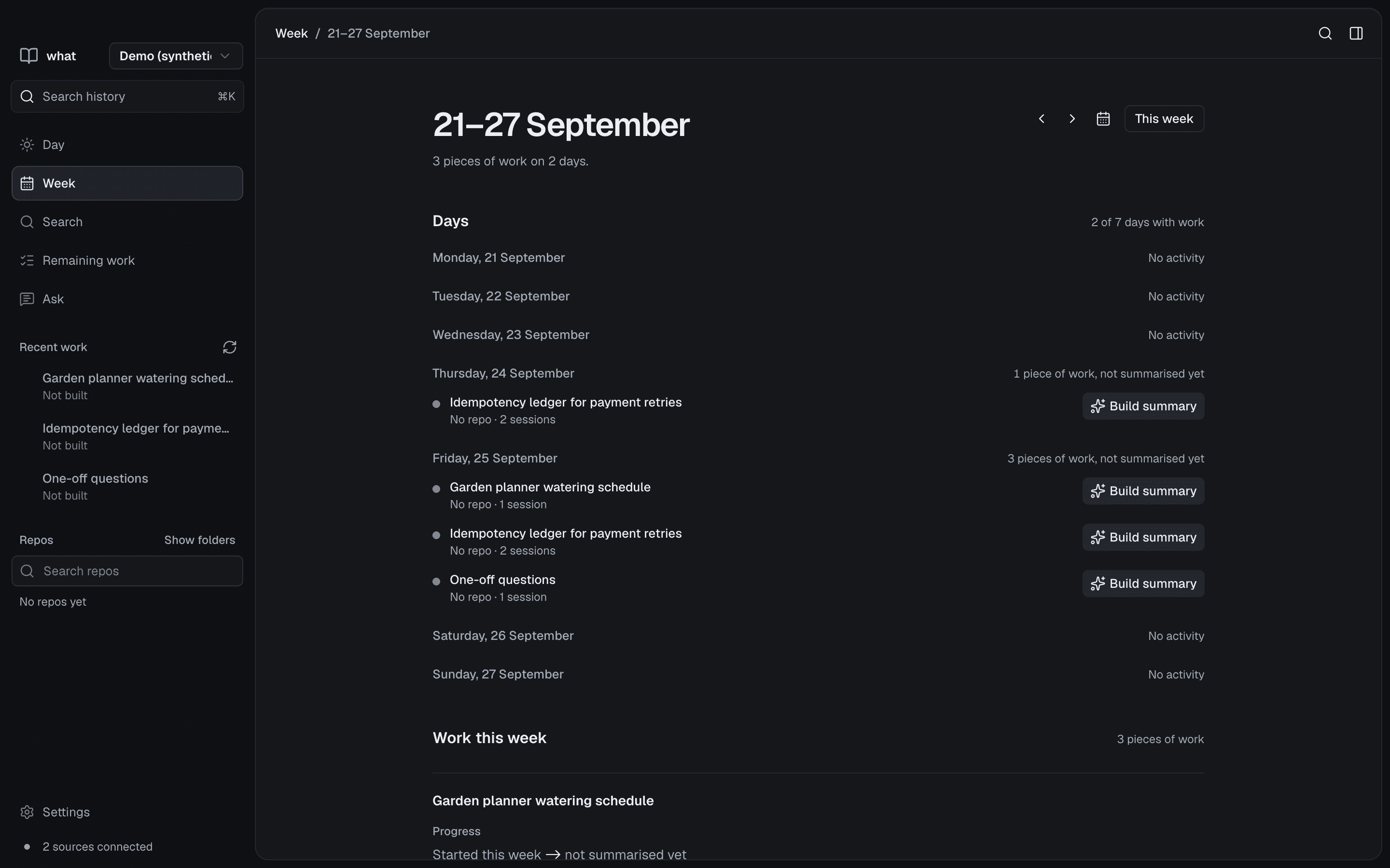 The Week view in what for 21-27 September, grouping three pieces of work by day, each with a Build summary button.